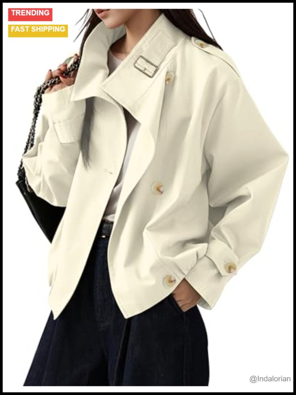 Women's Vintage Funnel Neck Trench Coat Cropped Jacket Cotton Blend
